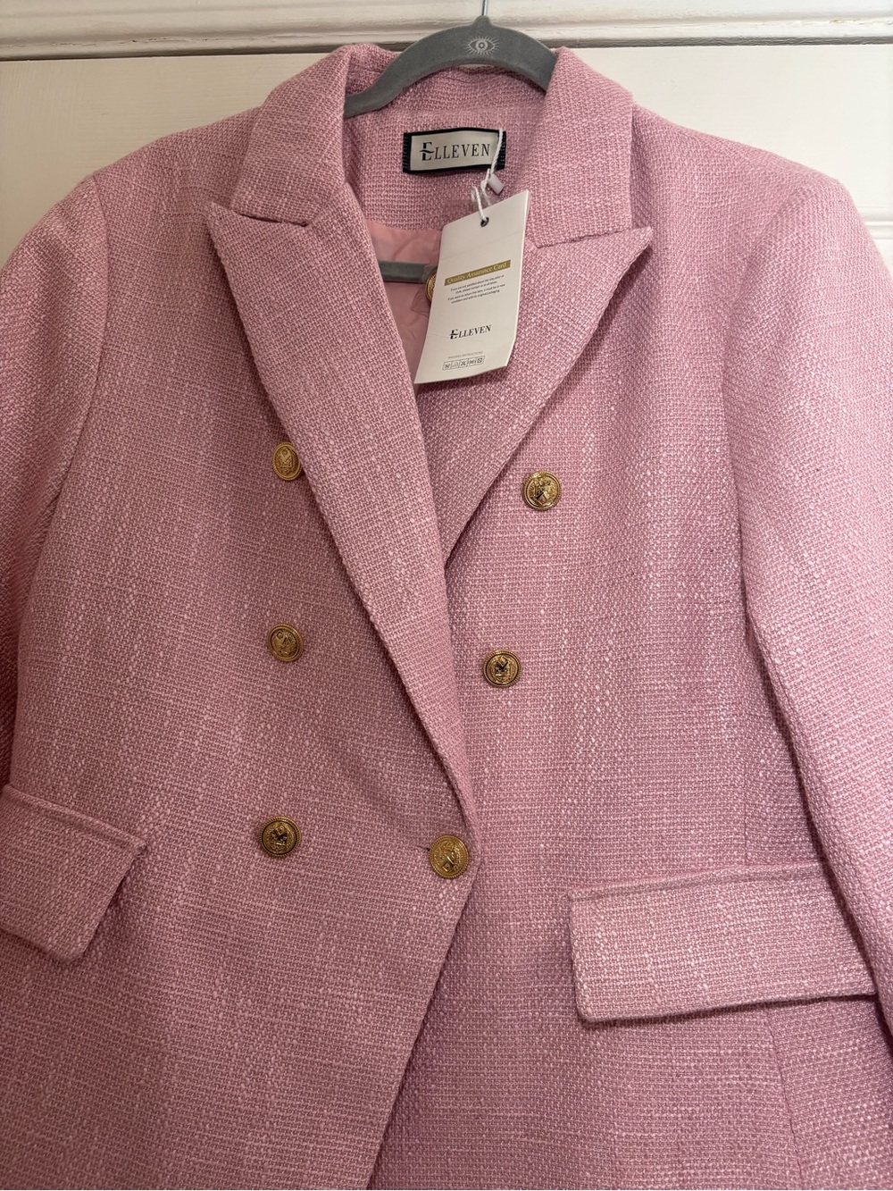ELLEVEN Pink Tweed Business casual Blazer Jacket Gold Buttons - Picture 3 of 11